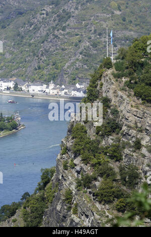 Rocher de Lorelei, Lorelei, navire à passagers, le Rhin, vallée du Rhin, Rhin moyen, Rhénanie-Palatinat, Allemagne, Banque D'Images