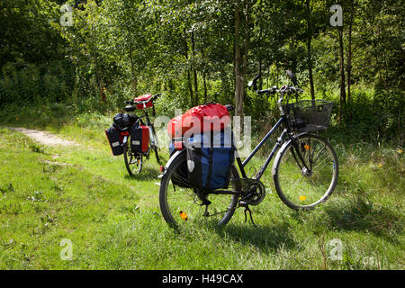 Allemagne, Saxe, randonnée à vélo, l'Oder-Neisse île culturelle Einsiedel, deux vélos avec des sacs de selle, Banque D'Images