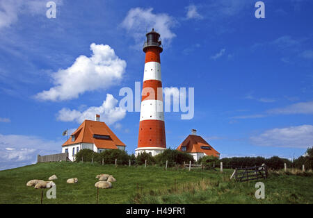 Allemagne, Schleswig - Holstein, Eiderstedt péninsule, Büsum, phare, Westerheversand, maisons, moutons, au nord de la mer, pays frise la figure, la navigation, le lancement, la mer du Nord, petite maison, troupeau de moutons, de prairies, de pâturages, de navigation, de lancer, de la structure, Tour, Beacon, figure la mer, aide à la navigation, d'orientation, idyllique, rouge-blanc, touché, personne, ciel nuageux, point d'intérêt, se tenir dehors, des repères, Banque D'Images