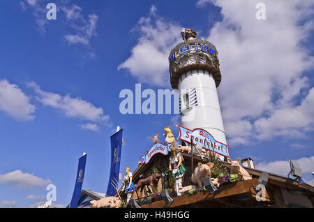 Germany, Bavaria, Munich, l'Oktoberfest, Theresienwiese, Löwenbräu marquee, pylône publicitaire, Close-up, Banque D'Images