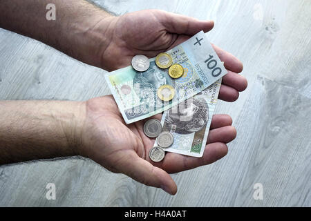 Berlin, Allemagne. 24 juillet, 2016. ILLUSTRATION - mains en billets et pièces de la monnaie polonaise Zloty à Berlin, Allemagne, 24 juillet 2016. Photo : Sascha Steinach (ATTENTION ÉDITEURS - PAS DE RADIODIFFUSION TÉLÉCOPIEUR !) - PAS DE CÂBLE - SERVICE/dpa/Alamy Live News Banque D'Images