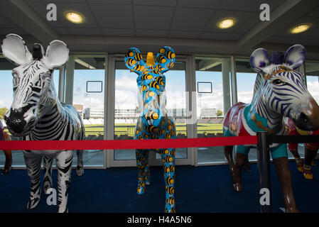 Décoré à la main aux couleurs vives et peint de taille sur l'écran de sculptures zebra à Southampton, Angleterre. Le modèle 197 zèbres ont été exposés à un événement appelé le marwell zèbres loufoques et ont ensuite mis aux enchères pour lever des fonds pour le travail de conservation de la faune marwell. les écoles locales, des artistes et des groupes a permis de peindre chaque moule. Banque D'Images