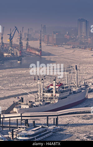 Allemagne, Hambourg, Elbe, port, Überseebrücke, Cap San Diego, de la glace, Banque D'Images