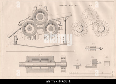 VICTORIAN DESSIN TECHNIQUE. Moulin à sucre horizontal (2) 1847 old print Banque D'Images