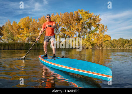 Senior male paddler bénéficie d'entraînement sur sa course stand up paddleboard en couleurs d'automne sur le lac au Colorado Banque D'Images