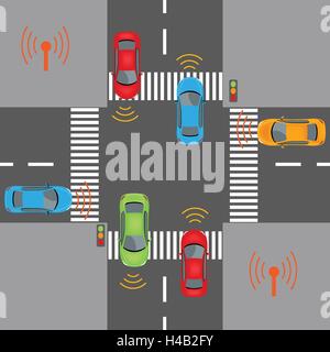 La communication qui connecte les périphériques de voitures sur la route, tels que les feux de circulation, des capteurs ou des passerelles Internet. Réseau sans fil Illustration de Vecteur