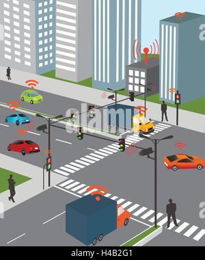 La communication qui connecte les périphériques de voitures sur la route, tels que les feux de circulation, des capteurs ou des passerelles Internet. Réseau sans fil Illustration de Vecteur