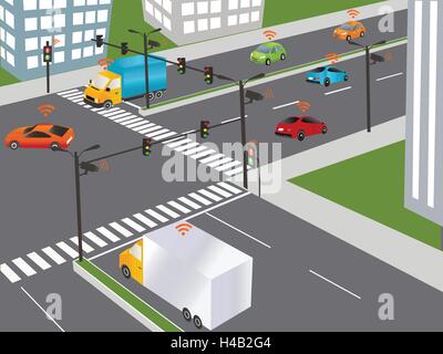 La communication qui connecte les périphériques de voitures sur la route, tels que les feux de circulation, des capteurs ou des passerelles Internet. Réseau sans fil Illustration de Vecteur