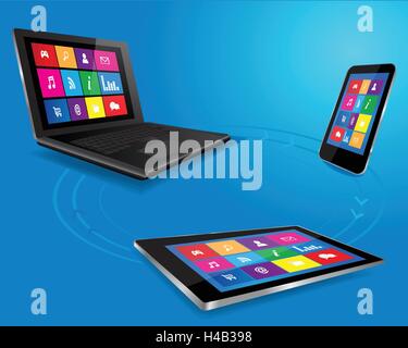Concept d'affaires avec Tablet PC, téléphone, l'ordinateur portable et les icônes d'Application Illustration de Vecteur