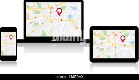 Carte de navigation GPS sur les appareils technologiques sur les médias Illustration de Vecteur