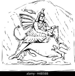 Reconstruction de médecine légale a décrit Dieu Perse Mithra tuant d'un taureau noir à partir de la 4ème siècle la sculpture sur pierre à Jajce, Bosnie Banque D'Images