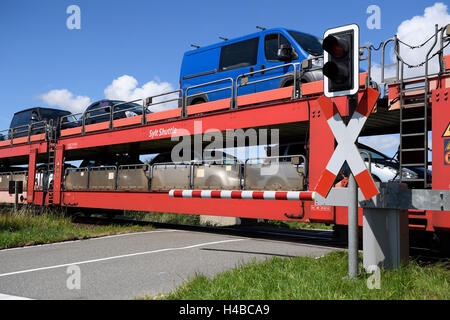 Passage à niveau, train, voiture Navette Sylt, reliant l'île de Sylt avec le continent, Sylt, îles frisonnes du Nord Banque D'Images