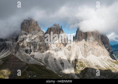 Groupe Langkofel, Sella Pass, Val di Fassa, les Dolomites, Vallée de Fassa, Trentin, Italie, paysage, photo aérienne Banque D'Images