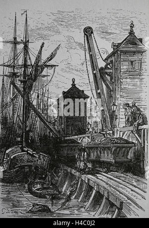 À l'intérieur des docks. Poplar Dock. Chemin de fer a été transformé en une station d'accueil. Gravure de Gustave Dore, 19e siècle. Banque D'Images
