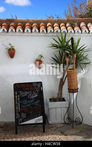 Espagne, Andalousie, Vejer de la Frontera, village blanc dans la province de Cadix, mur de défense blanc avec de petits palmiers et bar signer dans le centre-ville Banque D'Images