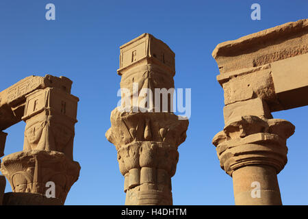 Isistempel, temple Isis Philae sur l'île Agilkia, Hathor piliers, la partie centrale du temple, de l'Afrique, de la Haute Égypte, Banque D'Images