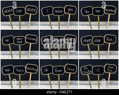 Photo Collage de divers messages de motivation et de souhaits écrits avec la craie sur tableau noir en bois mini étiquettes Banque D'Images