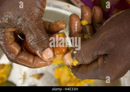 Les femmes l'extrait de fruits de karité au Burkina Faso, Afrique. L'écrou est utilisé pour la fabrication de beurre de karité et l'huile. Banque D'Images