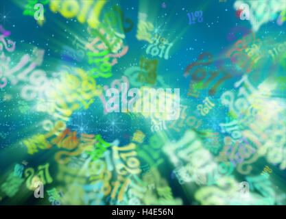 Bonne année 2017 flying chiffres écrits avec la lumière sur l'arrière-plan flou lumineux. 3d illustration Banque D'Images