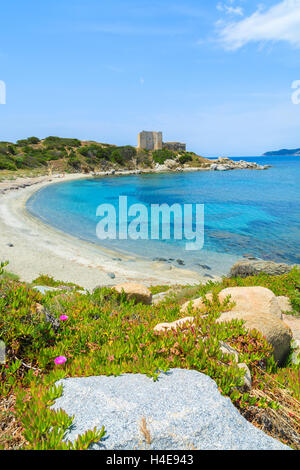 Plage avec la mer d'azur et château en arrière-plan, près de Porto Giunco, port de l'île de la Sardaigne, Italie Banque D'Images