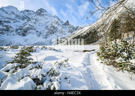 Chemin de neige et beau lac Morskie Oko en hiver, Hautes Tatras, Pologne Banque D'Images