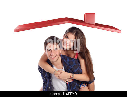 Portrait of young beautiful couple déménagement en nouvelle maison. Isolé sur fond blanc. Banque D'Images