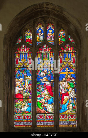 Vitrail dans l'église Holy Trinity, Long Melford, Suffolk, Angleterre Banque D'Images