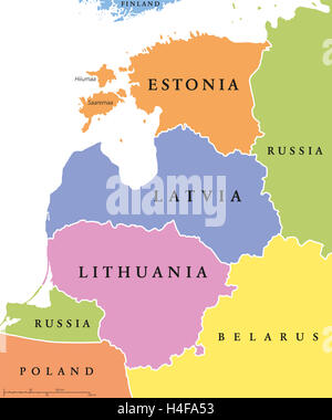 Baltic states unique carte politique, connu sous le nom de pays Baltes, des nations ou des États baltes. L'Estonie, la Lettonie et la Lituanie dans une couleur différente Banque D'Images