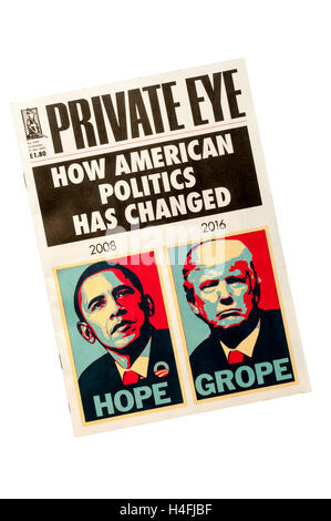 Couvrir de Private Eye, la vue de l'élection américaine 2016 avec Barack Obama & Donald Trump et les mots espoir et tâtonner. Banque D'Images