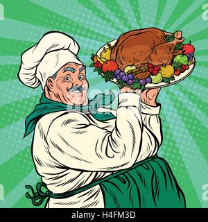 Chef avec un plat Rôti de dindon Illustration de Vecteur