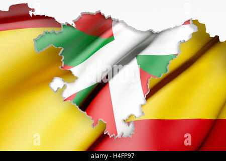 Le rendu 3D de la carte du Pays Basque avec pavillon de l'Espagne sur l'arrière-plan. Banque D'Images