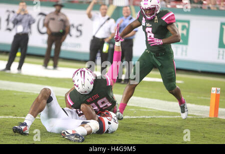 City, Floride, USA. 15 Oct, 2016. OCTAVIO JONES | fois .South Florida Bulls tight end Mitchell Wilcox (89) descend avec la balle sur le Connecticut Huskies Obi (Melifonwu sécurité 20) pour un touché dans la deuxième moitié chez Raymond James Stadium de Tampa, en Floride, le samedi, 15 octobre, 2016. South Florida Bulls défait le Connecticut Huskies 42 à 27. © Octavio Jones/Tampa Bay Times/ZUMA/Alamy Fil Live News Banque D'Images