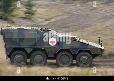 Munster, Allemagne. 14Th Oct, 2016. Un véhicule de transport de troupes blindés (GTK) Boxer équipé pour les services médicaux dans le cadre de la pratique éducative d'information 'Land Operations 2016' dans la zone d'entraînement militaire près de Munster, Allemagne, 14 octobre 2016. Avec soldats néerlandais, les forces armées allemandes pratique la coopération entre l'armée, les services ambulanciers et les unités de la soi-disant service de soutien interarmées du 4 au 14 octobre. PHOTO : SEBASTIAN GOLLNOW/dpa/Alamy Live News Banque D'Images