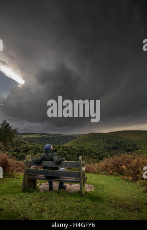 Exmoor National Park, Royaume-Uni. 16 Oct, 2016. Une bande de fortes averses et nuages de tempête de la forme sur le bois et les maures Horner du Somerset national park après une journée de soleil mixte et diluviennes. La Combe boisée reçoit de fortes pluies à un randonneur montres à partir d'un banc en bois sur la vallée. Wayne Farrell/Alamy News Banque D'Images