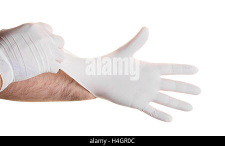 Les mains dans les gants médicaux isolé sur fond blanc Banque D'Images