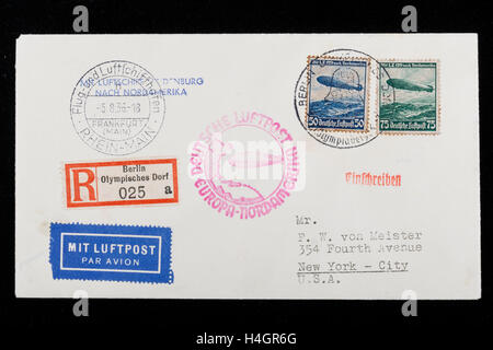 Enveloppe poste Zeppelin, du Village Olympique, Berlin, à New York, via Francfort, sur l' 'Hindenberg, lettre recommandée, 193 Banque D'Images