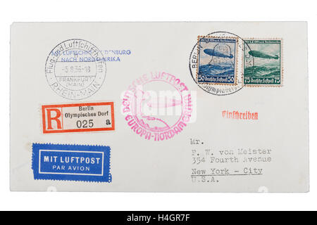 Enveloppe poste Zeppelin, du Village Olympique, Berlin, à New York, à l' 'Hindenberg, lettre recommandée, 5.8.1936 Banque D'Images