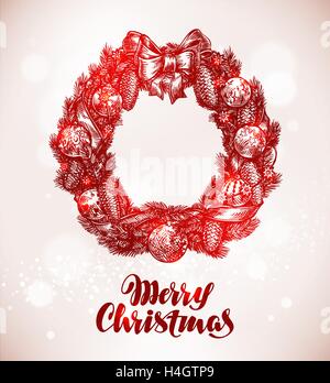 Joyeux Noël. Couronne de fleurs et décorations de Noël. Vector illustration croquis Illustration de Vecteur