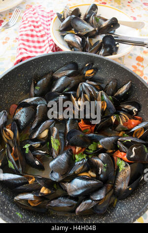 Impepata de moules plat napolitain composé de moules cuites avec des tomates et assaisonné de poivre Banque D'Images