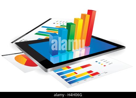 Avec écran de tablette graphique 3D et un papier avec des graphiques statistiques Illustration de Vecteur