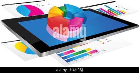 Avec écran de tablette graphique en 3d et un papier avec des graphiques statistiques Illustration de Vecteur