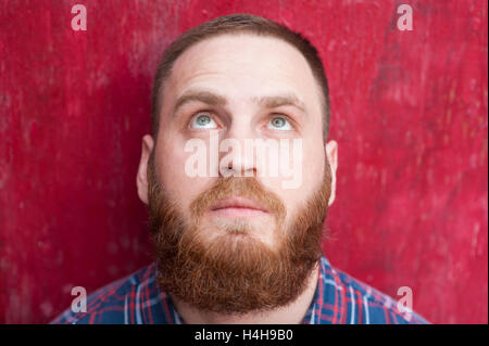 Beau jeune homme avec barbe sur fond rouge jusqu'à la Banque D'Images