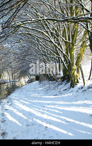 Paysage d'hiver de neige sentier couvert le long de la rivière Itchen navigation Heritage Trail , Eastleigh, Hampshire, Angleterre. Banque D'Images