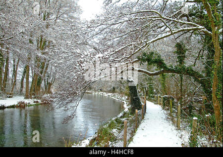 Paysage d'hiver de neige recouvrait le long du chemin River Navigation Itchen Heritage Trail, Golden, Brambridge Eastleigh, commune, Hampshire, Angleterre. Banque D'Images