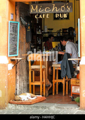 Antigua, Guatemala - 16 juin 2011 : homme mange au café Michos pub avec un chien terrier de dormir dans un lit de chien sur le cobble stones dans Banque D'Images