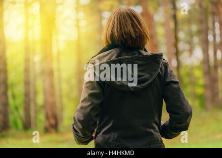 Vue arrière du casual female à à la lumière du soleil du matin à travers des arbres automne parc ou forêt, femme en automne environnement sce Banque D'Images