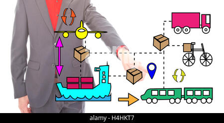 Jeune homme d'affaires avec des icônes logistique isolé sur fond blanc Banque D'Images