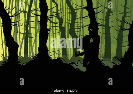 Vector illustration d'un loup-garou se cache dans une forêt de nuit avec brouillard creepy Illustration de Vecteur