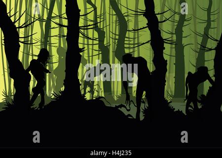 Vector illustration d'itinérance zombies une nuit avec brouillard forêt creepy Illustration de Vecteur