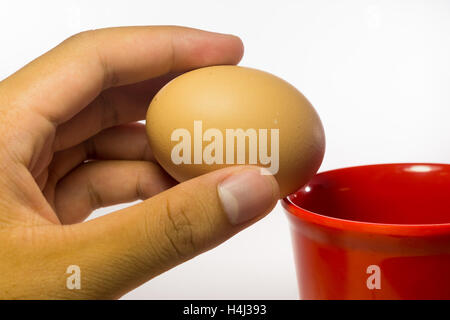 Main tenant des oeufs Jaune sur rouge tasse sur fond blanc Banque D'Images